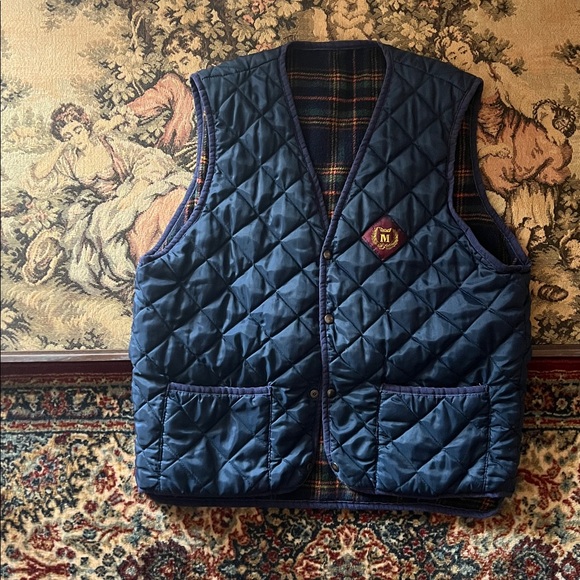 Quilted Blue Vest with Plaid Lining - Picture 1 of 7